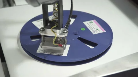 Automatic labeling machine. The robot sticks a label on the reel of components. Stock Footage 212382565