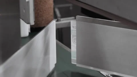 Automatic labeling of white plastic bottles moving along a conveyor. Stock Footage 306576329