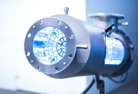 Automatic laser machine gun, filled with blue light smart science background Stock Photos