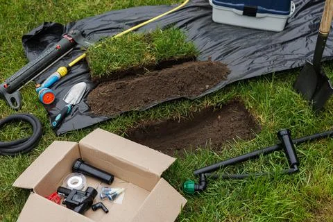 Automatic Lawn Irrigation Installation Tools and Equipment on Grass Stock Photos