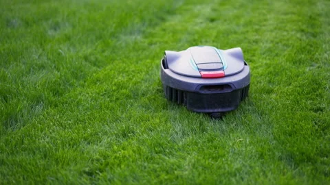 Automatic Lawn mower at garden. Copyspace. Banner photo Stock Footage 196622311