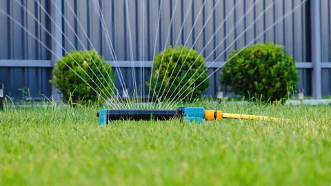 Automatic lawn watering in the garden. Selective focus. Video stock 285388550