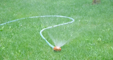 Automatic lawn watering system. Grass irrigation. Garden Irrigation sprinkle Stock Footage 206996450