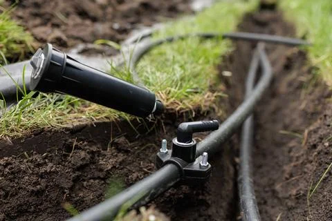 Automatic Lawn Watering System Installation with Drip Irrigation Components Stock Photos
