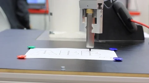 Automatic line drawing with a special machine with a metal tip and a pencil Stock Footage 119592467