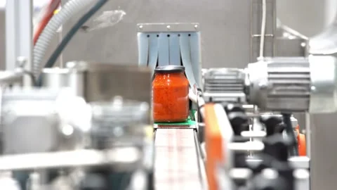 Automatic Line for Processing of Vegetables. Bottling paste move out. Stock Footage 132986353
