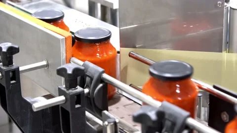 Automatic Line for Processing of Vegetables. Glass jars with vegetables pasta. Video stock 132992638