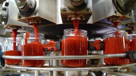 Automatic Line for Processing of Vegetables. Glass jars with vegetables pasta on Stock Footage 165774968