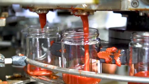 Automatic Line for Processing of Vegetables. Glass jars with vegetables pasta on Stock Footage 165776097