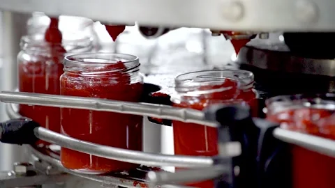 Automatic Line for Processing of Vegetables. Glass jars with vegetables pasta on Stock Footage 165778101