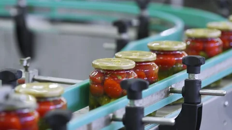 Automatic Line for Processing of Vegetables. Preserving Tomatoes and cucumbers Stock Footage 127856311