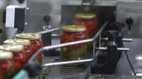 Automatic Line for Processing of Vegetables. Preserving Tomatoes and cucumbers Stock Footage 127856953