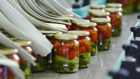 Automatic Line for Processing of Vegetables. Preserving Tomatoes and cucumbers Stock Footage 127858620