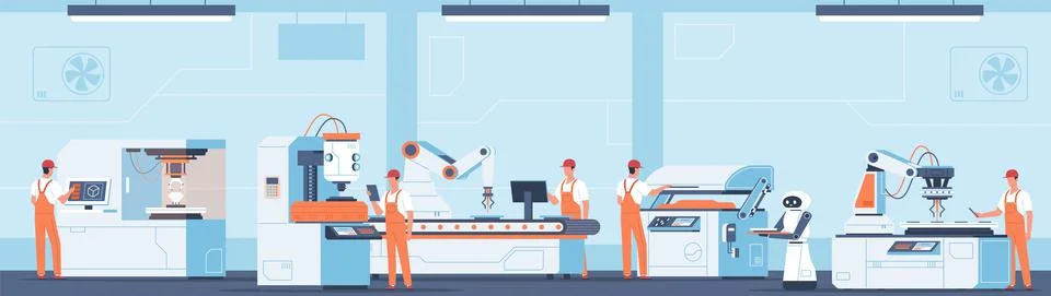 Automatic lines employees. Manufacturing process in factory interior. Worker Illustrazione stock