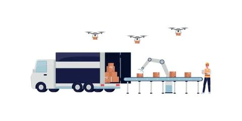 Automatic logistic system of storage and delivery vector illustration isolated. Illustrazione stock