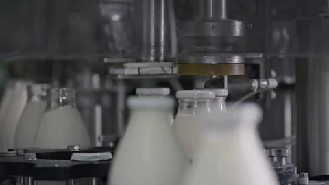 Automatic machine capping glass bottles of milk in dairy processing plant Stock Illustration