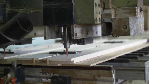 Automatic machine makes holes in wooden details in shop Stock Footage 140672476