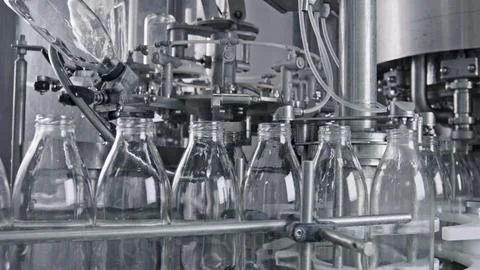 Automatic machine pouring milk into glass bottles in dairy factory Stock Illustration