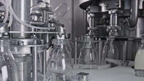 Automatic machine pouring milk into glass bottles in dairy processing plant Illustrazione stock