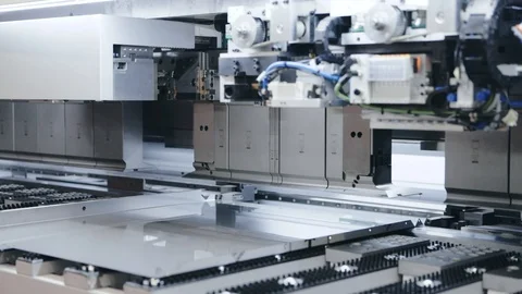 Automatic machine processing sheet metal in high tech workshop, parallax Video stock 125965675