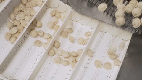 Automatic Machine Production Process at a Dumpling Factory. Fresh Raw Pelmeni Stock Footage 128288835