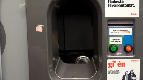 Automatic machine for receiving empty cans and bottles. 4K. Stock Footage 100608546