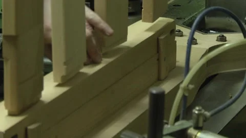 Automatic machine tool makes holes in wooden details of furniture by drilling in Stock Footage 147078429