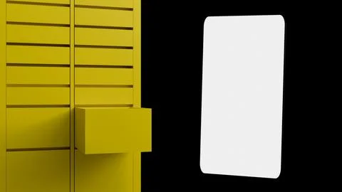 Automatic mailbox for issuing parcels city and mobile phone with white scre.. Stock Photos