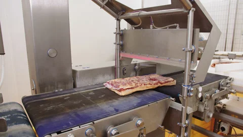Automatic measurement of the thickness of a piece of meat to set the automatic Stock Footage 205489652
