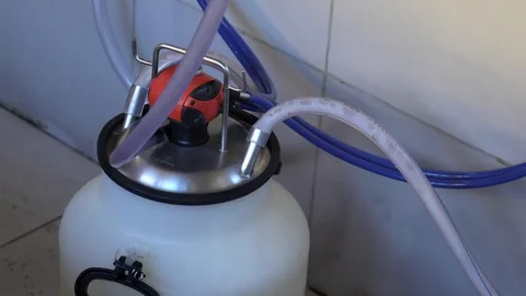 Automatic mechanical milking. Milk going through tubes, being storing in vat Stock Footage 129268454