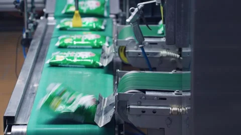 Automatic milk bottling conveyor. Modern dairy food production factory, filled Video stock 262617280