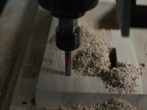 Automatic milling cutting wood machine.  drill holes for the pieces of wood Video stock 73484053