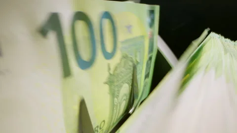 Automatic money counting machine processing euro banknotes. Modern banking Stock Footage 340023257