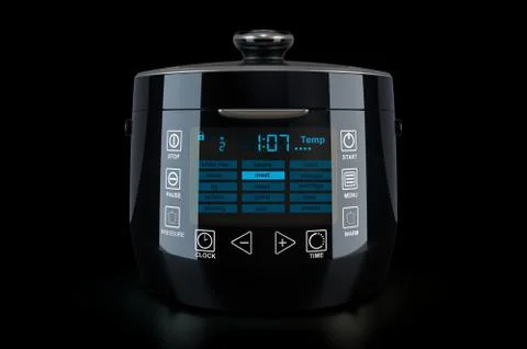 Automatic Multicooker on black background, 3D rendering Stock Illustration