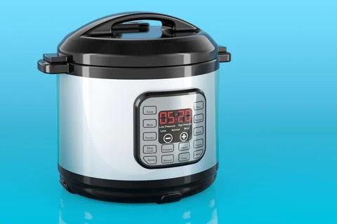 Automatic Multicooker on blue background, 3D rendering Stock Illustration