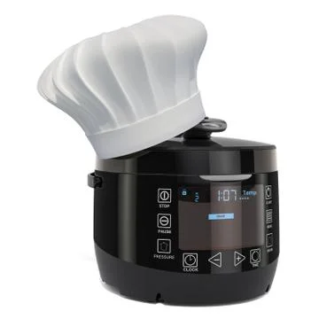 Automatic Multicooker with Chefs Hat, cooking concept. 3D rendering Stock Illustration