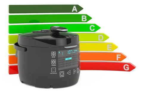 Automatic multicooker with energy efficiency chart, 3D rendering Stock Illustration