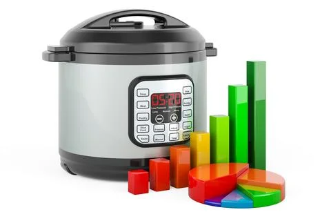 Automatic Multicooker with growth bar graph and pie chart. 3D rendering Stock Illustration