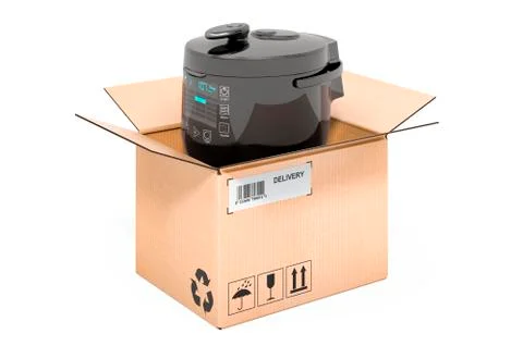 Automatic multicooker inside cardboard box, delivery concept. 3D rendering 스톡 일러스트