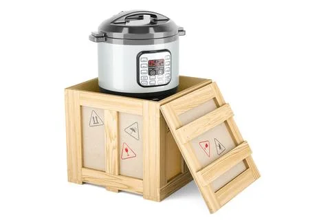 Automatic Multicooker inside wooden box, delivery concept. 3D rendering Stock Illustration