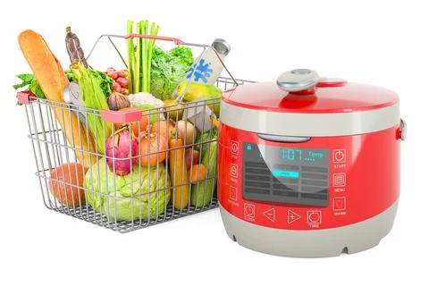 Automatic multicooker with shopping basket full of products, 3D rendering Stock Illustration