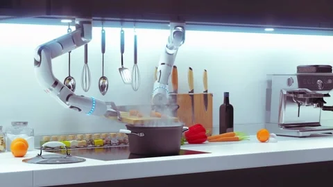 Automatic neural intelligent kitchen robot produced food. 4k 3d animation Stock Footage 151938143