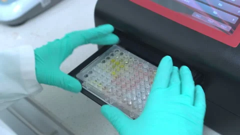 Automatic opening of the microplate reader, and scientist loading the microtiter Video stock 244349866