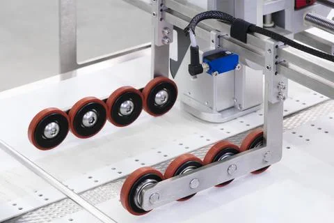 Automatic packaging conveyor line in pharmaceutical factory, pharmaceutical i Stock-Fotos