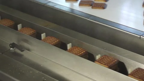 Automatic packaging of cookies on the conveyor of a confectionery factory Stock Footage 269140864