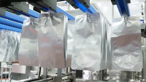 Automatic packaging machine filling silver spout pouches in a industrial pr.. Stock Photos