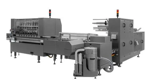 Automatic packing machine with plastic bag and paper box, high speed packing  Stock Photos