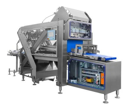 Automatic packing machine with plastic bag and paper box, high speed packing  Stock Photos