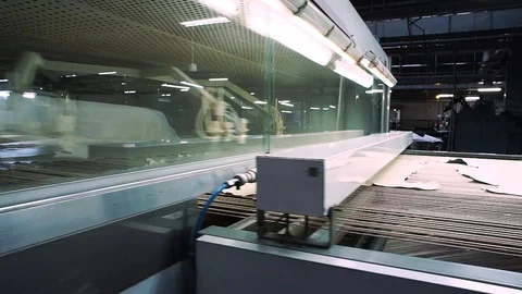 Automatic Painting of Raw Leather at the Great Old Factory Stock Footage 128546536
