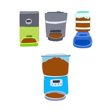 Automatic pet feeder devices dispensing dry food 库存插图
